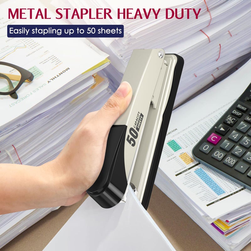 Swihauk Metal Stapler Heavy Duty 50 Sheet Capacity with 1750 Staples and Staple Remover, Full Strip Staplers for Desk, No Jam, Non-Slip for Office & Classroom, White - Image 3