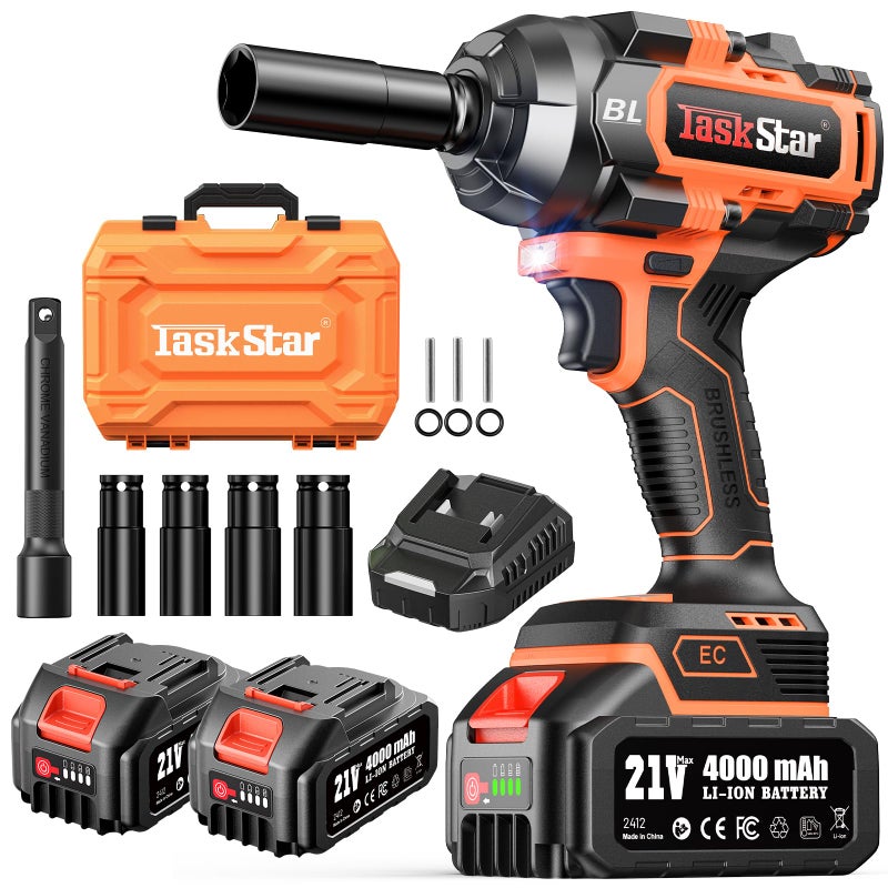 TaskStar 1500N.m Cordless Impact Wrench - 20V Max Brushless 1/2" Impact Gun with 2 x 4.0Ah Batteries & Fast Charger | Removes Stuck Truck Lug Nuts in Seconds | 3-Speed for Auto Repair & Heavy Duty DIY - Image 1