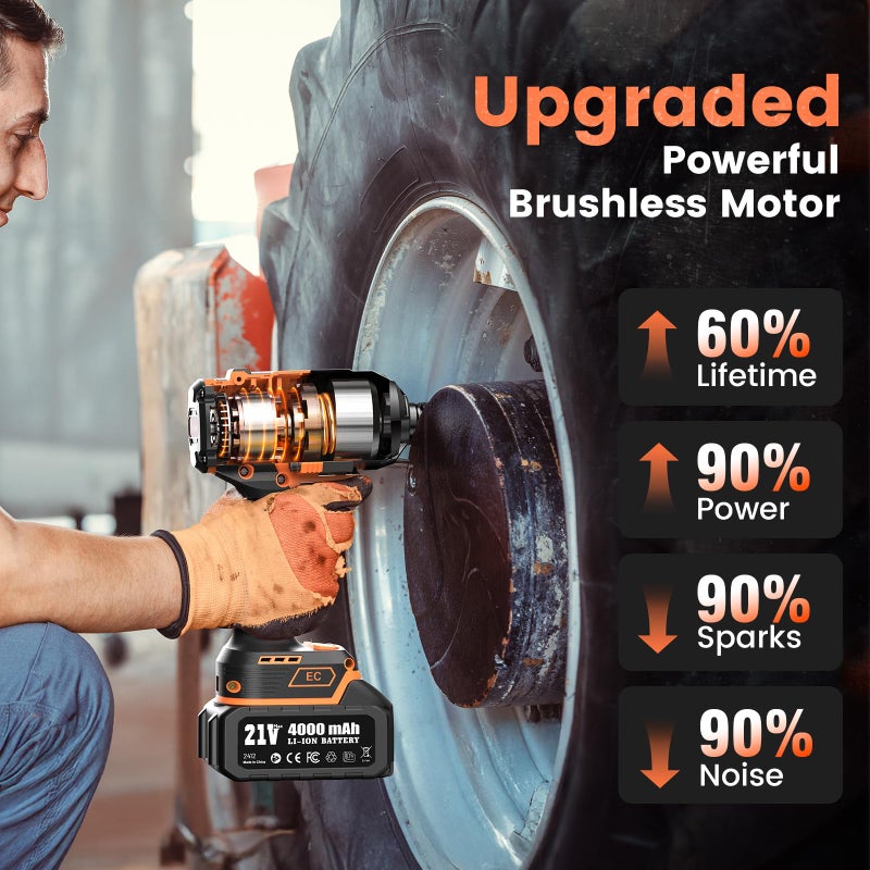 TaskStar 1500N.m Cordless Impact Wrench - 20V Max Brushless 1/2" Impact Gun with 2 x 4.0Ah Batteries & Fast Charger | Removes Stuck Truck Lug Nuts in Seconds | 3-Speed for Auto Repair & Heavy Duty DIY - Image 2