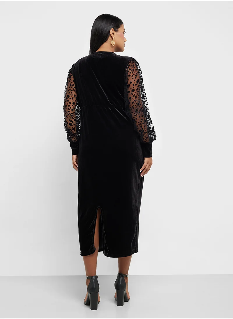 Ella Plus Velvet Mesh-Sleeve Dress