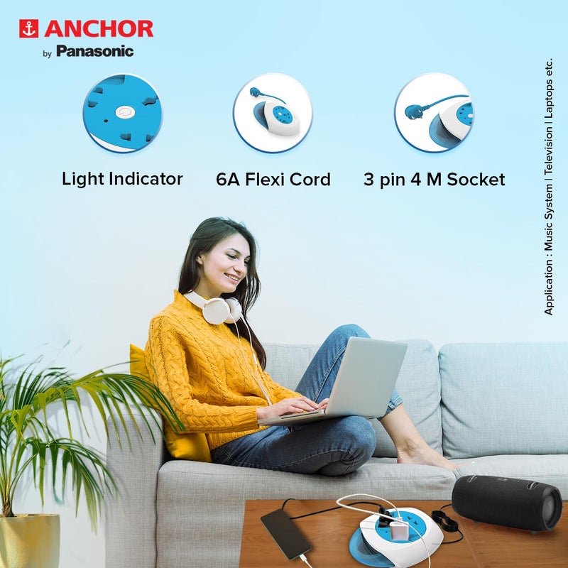 Anchor By Panasonic 6A Flexi Cord 3 Pin 4 Mtr Universal Socket With Indicator (Blue & White), Round, 240 Volts - Image 3