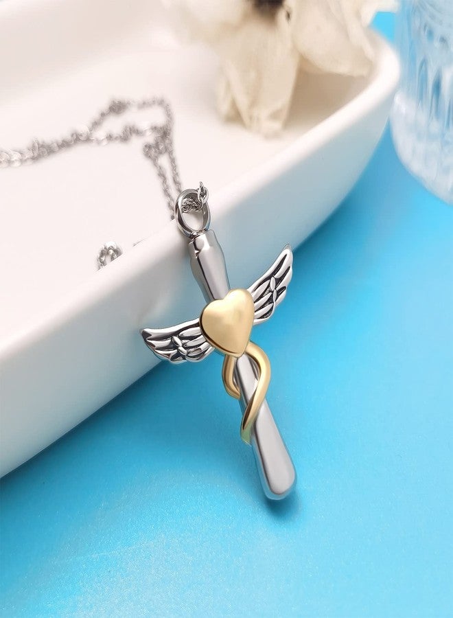 QeenseKc Angel Wing Heart Cremation Urn Necklace for Ashes Cross Memorial Pendant Keepsake Ashes Holder Engrved Grandpa - Image 3
