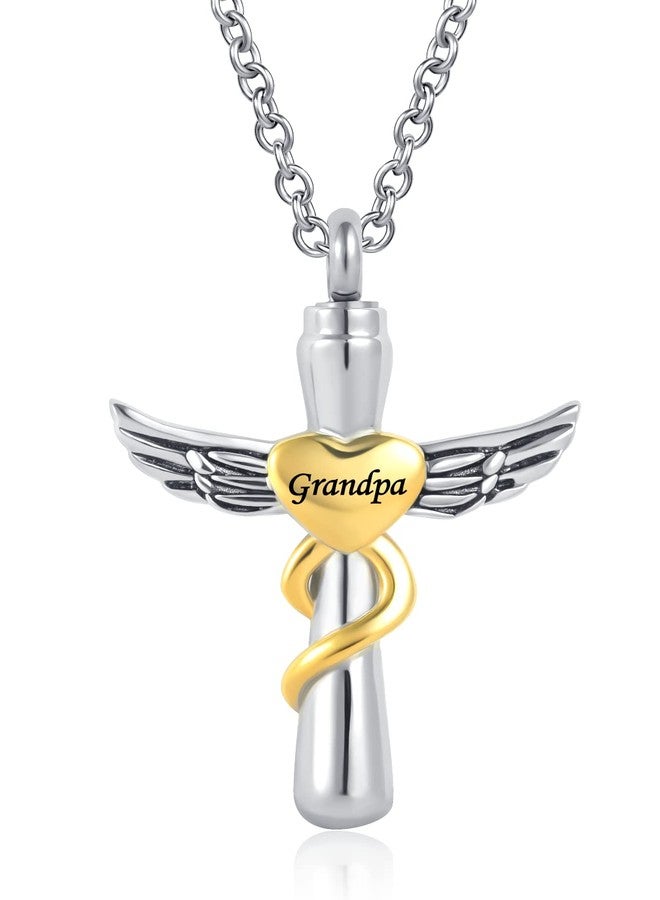QeenseKc Angel Wing Heart Cremation Urn Necklace for Ashes Cross Memorial Pendant Keepsake Ashes Holder Engrved Grandpa - Image 1