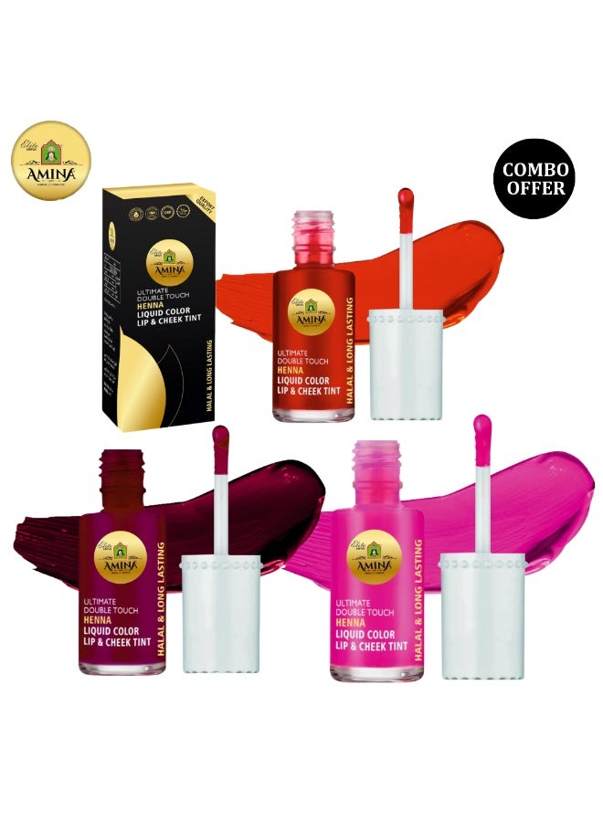 حناء أمينة ألتيميت دبل تاتش كومبو من ألوان الكستنائي والوردي والأحمر الكرزي، أول لون سائل للشفاه والخدود بقاعدة حناء/حناء يدوم طويلاً (عبوة من 3 قطع) - Image 1