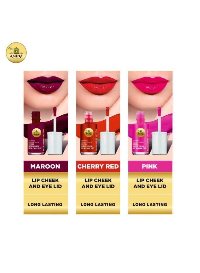 حناء أمينة ألتيميت دبل تاتش كومبو من ألوان الكستنائي والوردي والأحمر الكرزي، أول لون سائل للشفاه والخدود بقاعدة حناء/حناء يدوم طويلاً (عبوة من 3 قطع) - Image 2