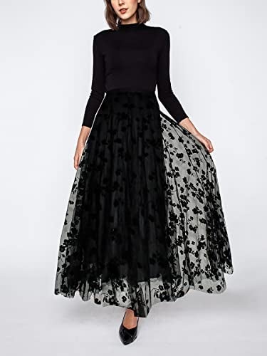 Reaowazo Skirts for Women Midi Long Length Dressy Casual Trendy Summer Tulle A-Line Floral High Waist Skirt Black S-M - Image 2