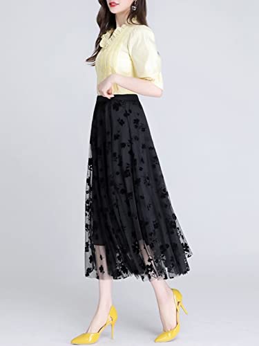 Reaowazo Skirts for Women Midi Long Length Dressy Casual Trendy Summer Tulle A-Line Floral High Waist Skirt Black S-M - Image 3