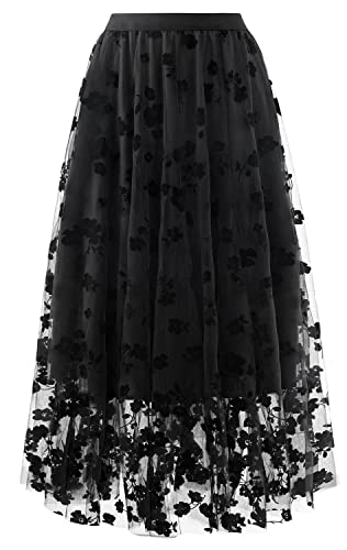 Reaowazo Skirts for Women Midi Long Length Dressy Casual Trendy Summer Tulle A-Line Floral High Waist Skirt Black S-M - Image 1