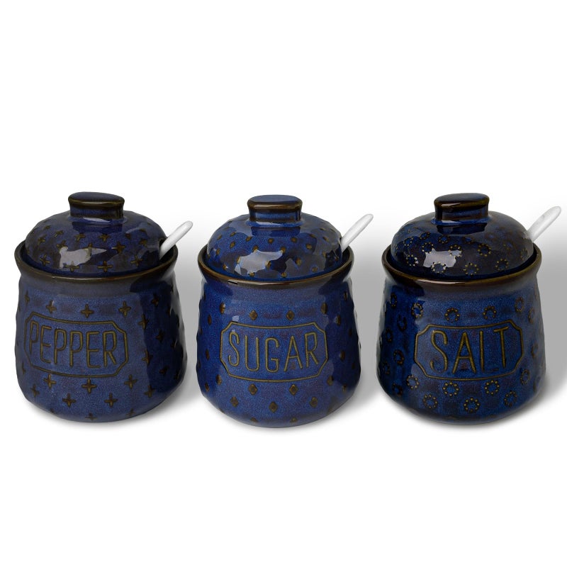 GDCZ 10 Oz Sugar Pepper and Salt Bowls with Lid and Spoon, Ceramics Seasoning Container, Seasoning Jar Spice Container for Kitchen,Dishwasher Safe, Set of 3 (Blue) - Image 1