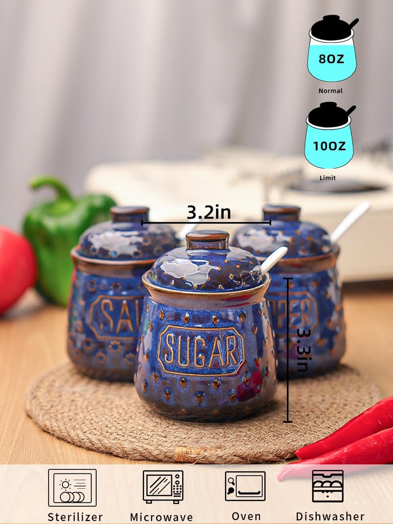GDCZ 10 Oz Sugar Pepper and Salt Bowls with Lid and Spoon, Ceramics Seasoning Container, Seasoning Jar Spice Container for Kitchen,Dishwasher Safe, Set of 3 (Blue) - Image 2