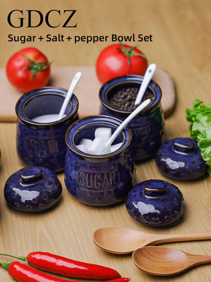 GDCZ 10 Oz Sugar Pepper and Salt Bowls with Lid and Spoon, Ceramics Seasoning Container, Seasoning Jar Spice Container for Kitchen,Dishwasher Safe, Set of 3 (Blue) - Image 4