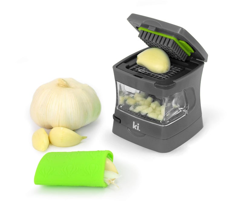 Kitchen Innovations Garlic-A-Peel Garlic Press, Crusher, Cutter, Mincer, and Storage Container - Includes Silicone Garlic Peeler - Easy to Clean - Stainless Steel Blades â€“ (Grey), standard - Image 1