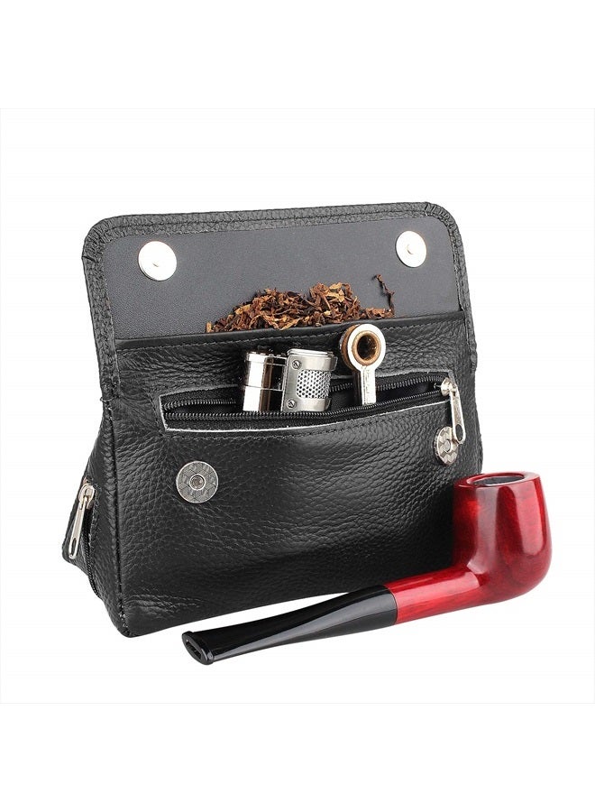 FIREDOG Genuine Leather Smoking Tobacco Pipe Pouch Case Bag for 2 Pipes Tamper Filter Tool Cleaner Preserve Freshness (Black) - Image 1