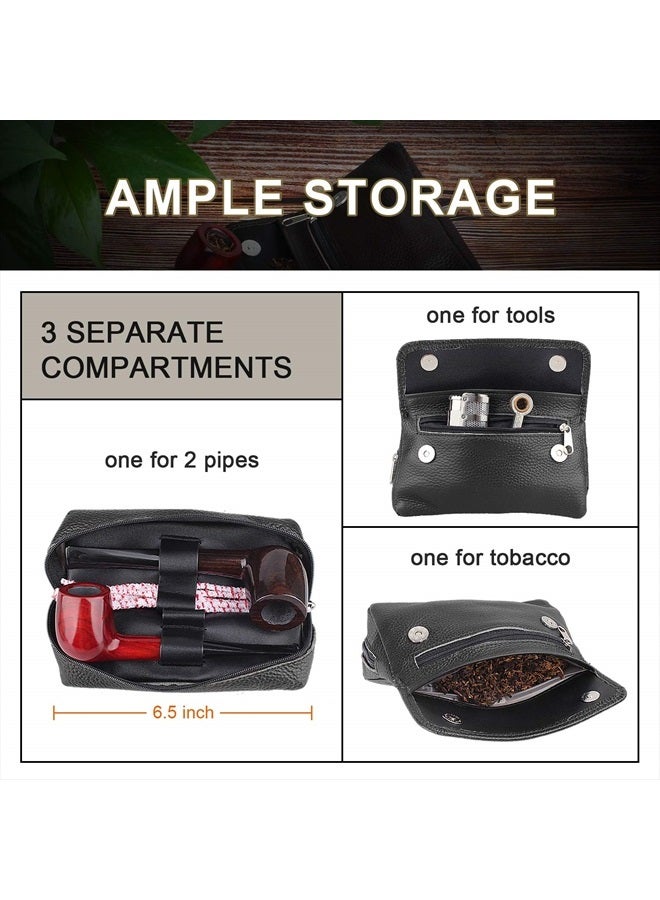 FIREDOG Genuine Leather Smoking Tobacco Pipe Pouch Case Bag for 2 Pipes Tamper Filter Tool Cleaner Preserve Freshness (Black) - Image 4