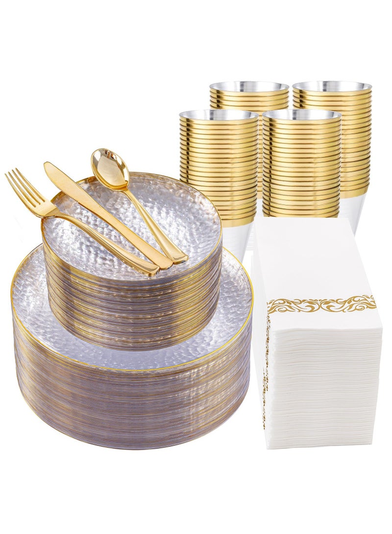 ASIV 175-Piece Clear Gold Plastic Dinnerware Set - Disposable Plates, Dessert Plates, Gold Cutlery, Cups, and Napkins - Perfect for Parties and Events - Image 1