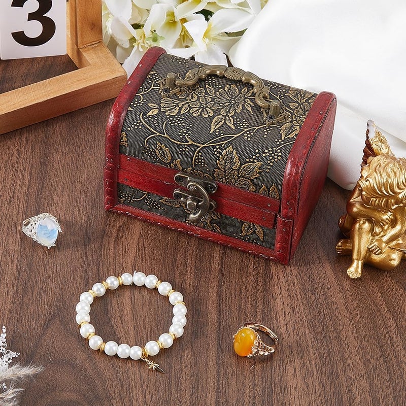 CALFOVERA Mini Vintage Wooden Jewelry Stroage Box Retro Pirate Treasure Chest Keepsake Cases Small European Decorative PU Leather Treasure Box with Handle for Jewelry Pearl Trinkets Birthday Gifts - Image 4