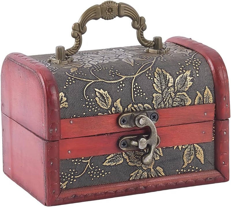 CALFOVERA Mini Vintage Wooden Jewelry Stroage Box Retro Pirate Treasure Chest Keepsake Cases Small European Decorative PU Leather Treasure Box with Handle for Jewelry Pearl Trinkets Birthday Gifts - Image 1
