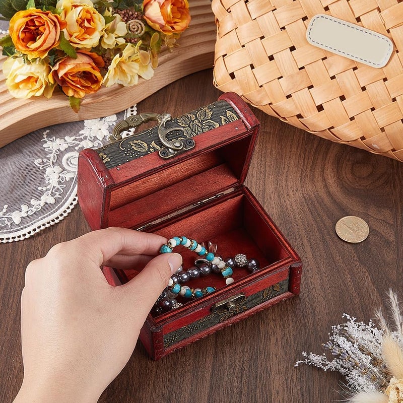 CALFOVERA Mini Vintage Wooden Jewelry Stroage Box Retro Pirate Treasure Chest Keepsake Cases Small European Decorative PU Leather Treasure Box with Handle for Jewelry Pearl Trinkets Birthday Gifts - Image 3