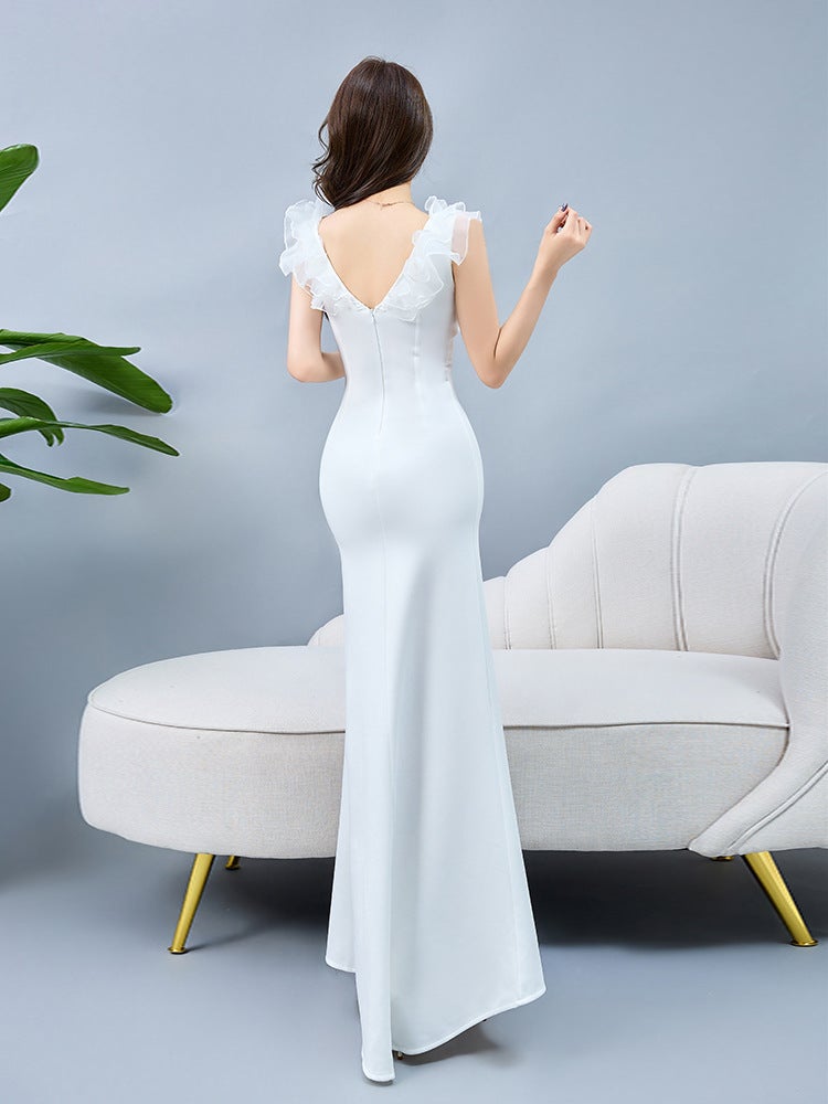 Pure White Evening Dress Long Niche High-End Temperament Socialite Party Slimming Split Dress Hip - Image 4