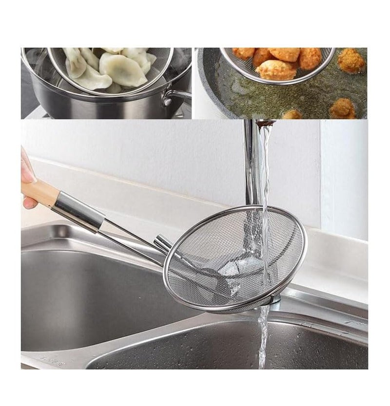 Faas Heavy Duty Stainless Steel Deep Fry Strainer Ladle with Wooden Handle | Jhara Skimmer Mesh Spoon for Oil, Frying Puri, Pakora & Snacks | Kitchen Cooking Tool (Silver, Pack of 1) - Image 5