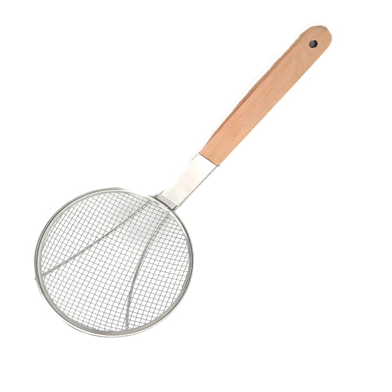 Faas Heavy Duty Stainless Steel Deep Fry Strainer Ladle with Wooden Handle | Jhara Skimmer Mesh Spoon for Oil, Frying Puri, Pakora & Snacks | Kitchen Cooking Tool (Silver, Pack of 1) - Image 1