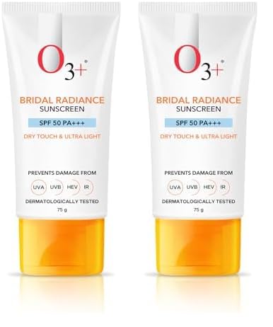 واقي شمس O3 Bridal Radiance SPF 50 PA لمسة جافة خفيفة للغاية غير دهنية ولا يترك أثر أبيض يحمي من أضرار UVA UVB HEV IR مختبر من قبل أطباء الجلد 75 جرام عبوة من 2