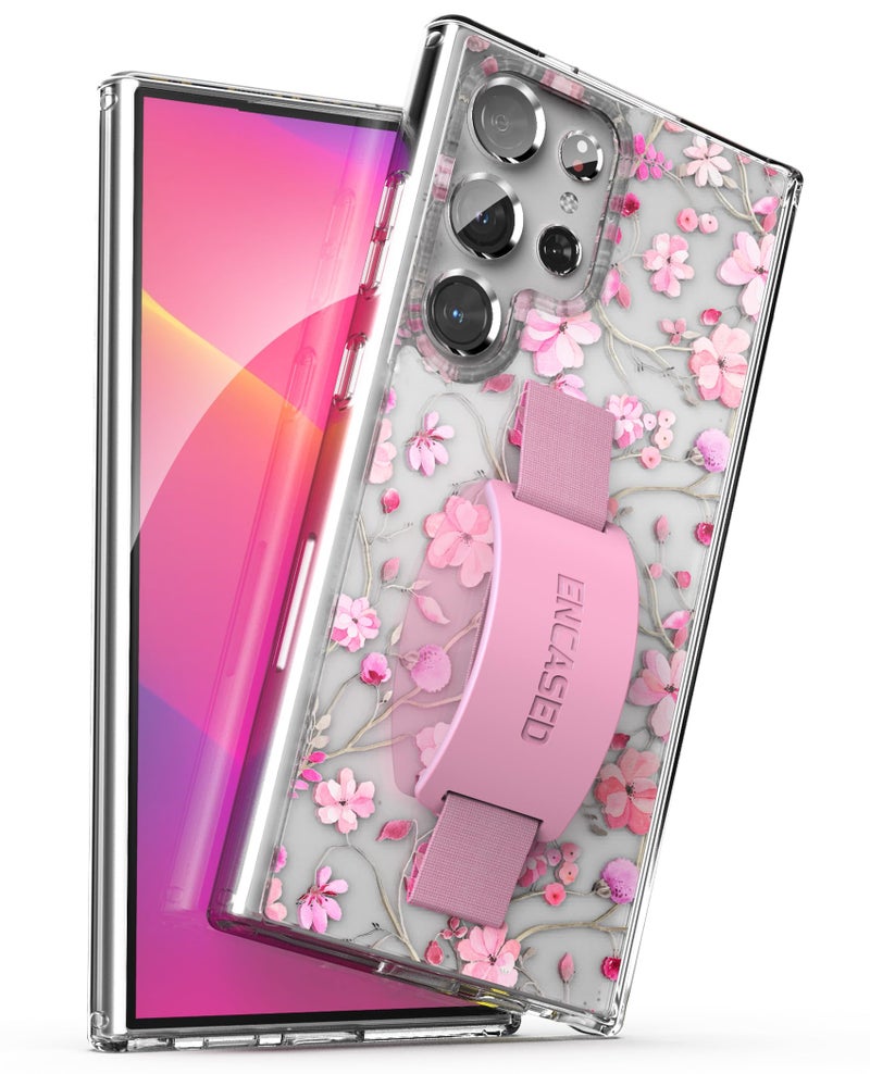ENCASED Loop Case Designed for Samsung Galaxy S24 Ultra Floral Hand Strap Cover with Grip Phone Holder ClearPink Flowers - Image 2