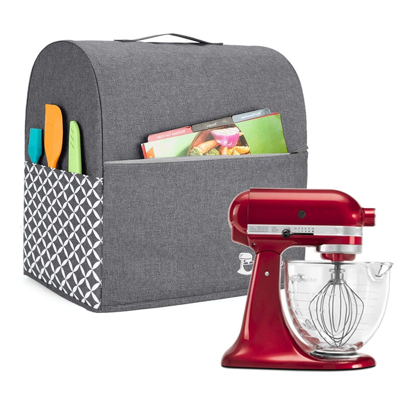 Yarwo Stand Mixer Cover Compatible with 45 qt and All 5 qt KitchenAid Mixer Protective Dust Cover with Top Handle and Pockets for Accessories Gray with Grid