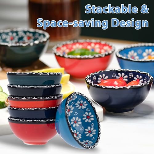 Elyese Ceramic Small Bowls, Dipping Bowls Set of 6, 3.5 Oz Soy Sauce Dish, Handmade Charcuterie Bowls, Colorful Pinch Bowls, Dishwasher & Microwave Safe Sauce Bowls, 3.2'' Mini Bowls (SULTAN'S GARDEN) - Image 4