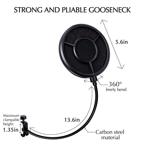 SUNMON Mic Pop Filter for HyperX QuadCast、Blue Yeti and Other Gaming Microphone, Dual Layered Wind Pop Screen with Flexible 360° Gooseneck Clip Stabilizing Arm for Recording, Singing - Image 5