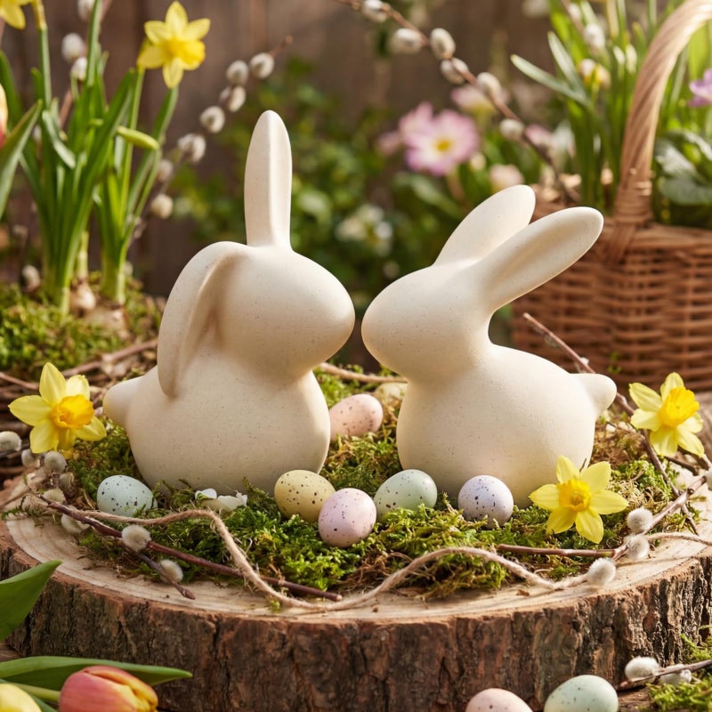 Ferrochef 2 Pcs Handmade Terracotta Easter Bunny Figurines Rustic Rabbit Figurine Decor Small 3 Inch Vintage Easter Bunny Statue for Spring Farmhouse Home Office Table Centerpiece Decorations - Image 1