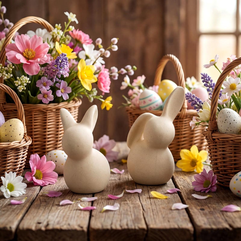 Ferrochef 2 Pcs Handmade Terracotta Easter Bunny Figurines Rustic Rabbit Figurine Decor Small 3 Inch Vintage Easter Bunny Statue for Spring Farmhouse Home Office Table Centerpiece Decorations - Image 4