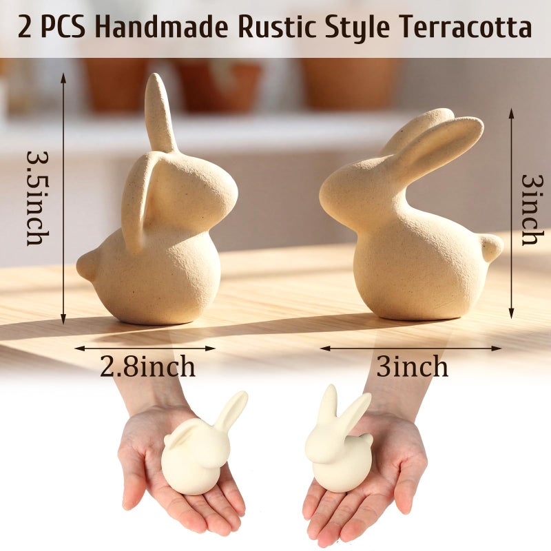Ferrochef 2 Pcs Handmade Terracotta Easter Bunny Figurines Rustic Rabbit Figurine Decor Small 3 Inch Vintage Easter Bunny Statue for Spring Farmhouse Home Office Table Centerpiece Decorations - Image 3