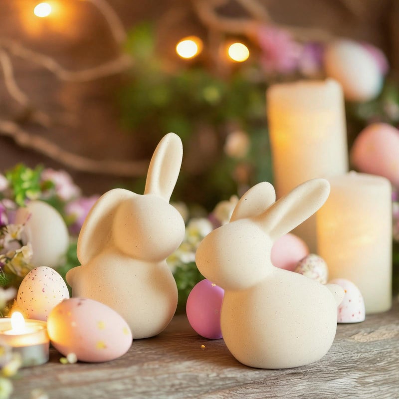 Ferrochef 2 Pcs Handmade Terracotta Easter Bunny Figurines Rustic Rabbit Figurine Decor Small 3 Inch Vintage Easter Bunny Statue for Spring Farmhouse Home Office Table Centerpiece Decorations - Image 5