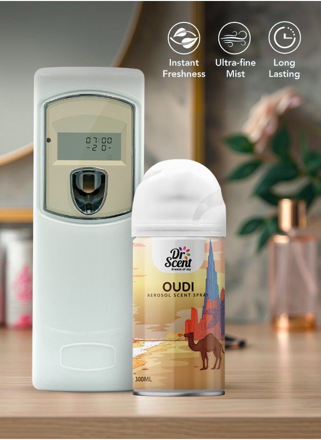 Dr Scent - Dr Scent Breeze of Joy, Combo | Automatic Air Freshener Spray Dispenser LCD with 300 ml Aerosol Spray Refill | Long-Lasting Fragrance for Home & Office. (Oudi) - Image 1