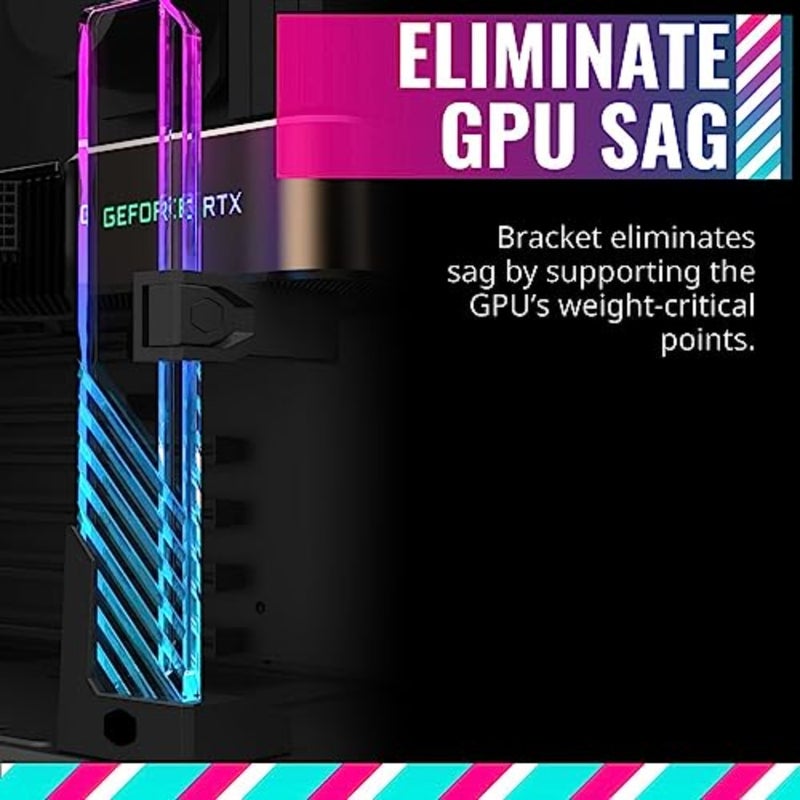 دعامة دعم GPU لحافظات أجهزة الكمبيوتر المكتبية، مادة زجاجية مقواة، لون أسود، إضاءة ARGB مضاءة بالحافة مع تركيب عالمي وتوافق متعدد الاتجاهات - Image 2
