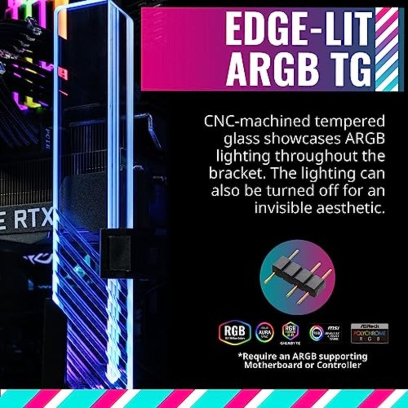دعامة دعم GPU لحافظات أجهزة الكمبيوتر المكتبية، مادة زجاجية مقواة، لون أسود، إضاءة ARGB مضاءة بالحافة مع تركيب عالمي وتوافق متعدد الاتجاهات - Image 3