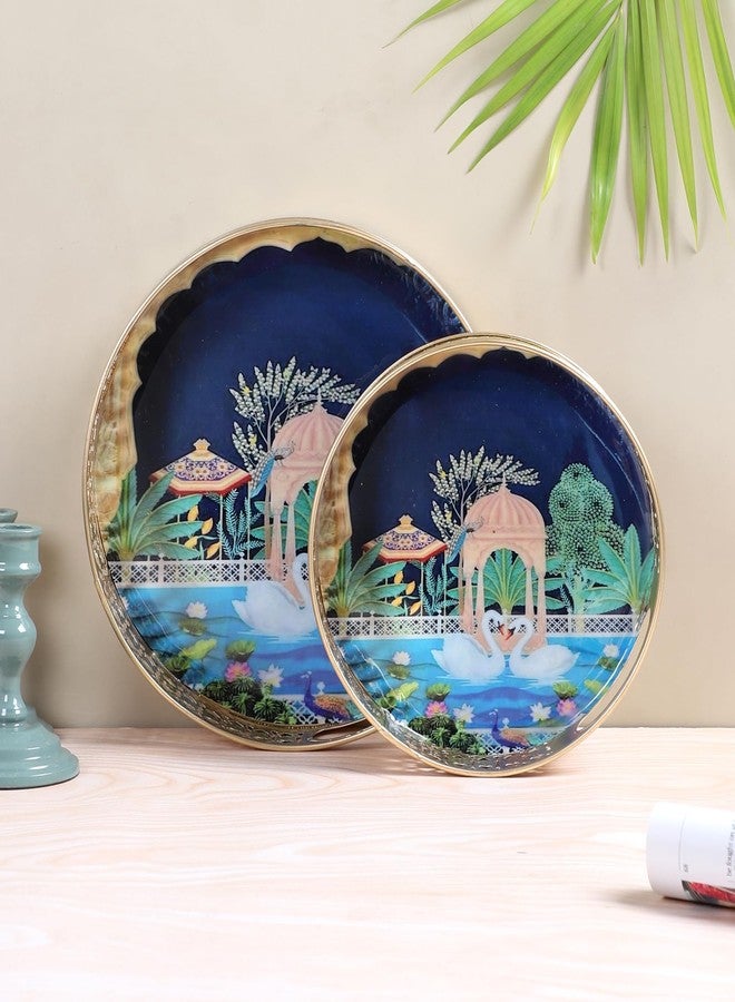 Two Moustaches Luxurious Kissing Swan Pair Design Serving Trays Set (8 Inches & 10 Inches), Serving Plates for Home, Platters for Tea/Fruits/Snacks, Pichwai Tray for Diwali, Multicolored, Pack of 2 - Image 3