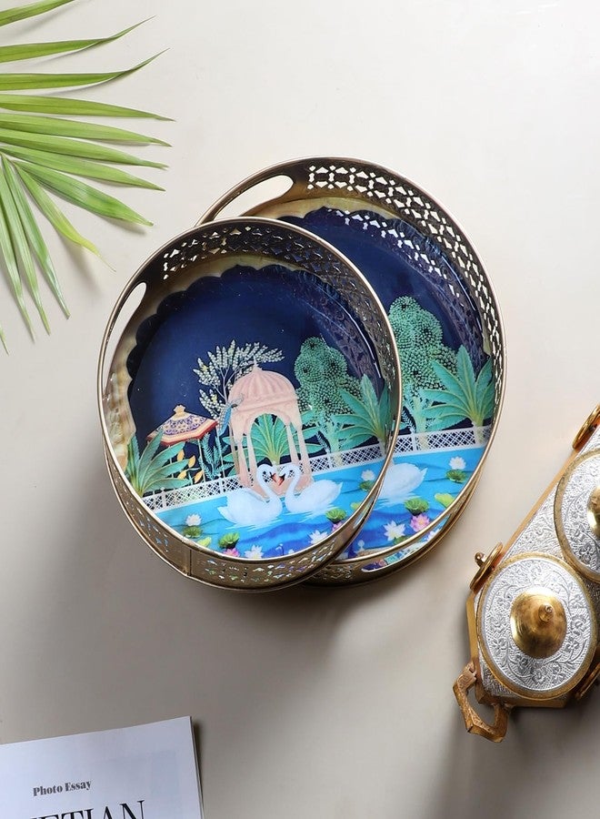 Two Moustaches Luxurious Kissing Swan Pair Design Serving Trays Set (8 Inches & 10 Inches), Serving Plates for Home, Platters for Tea/Fruits/Snacks, Pichwai Tray for Diwali, Multicolored, Pack of 2 - Image 2