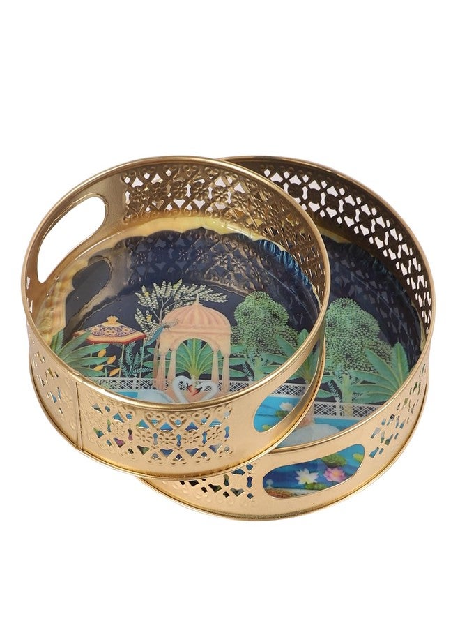 Two Moustaches Luxurious Kissing Swan Pair Design Serving Trays Set (8 Inches & 10 Inches), Serving Plates for Home, Platters for Tea/Fruits/Snacks, Pichwai Tray for Diwali, Multicolored, Pack of 2 - Image 1