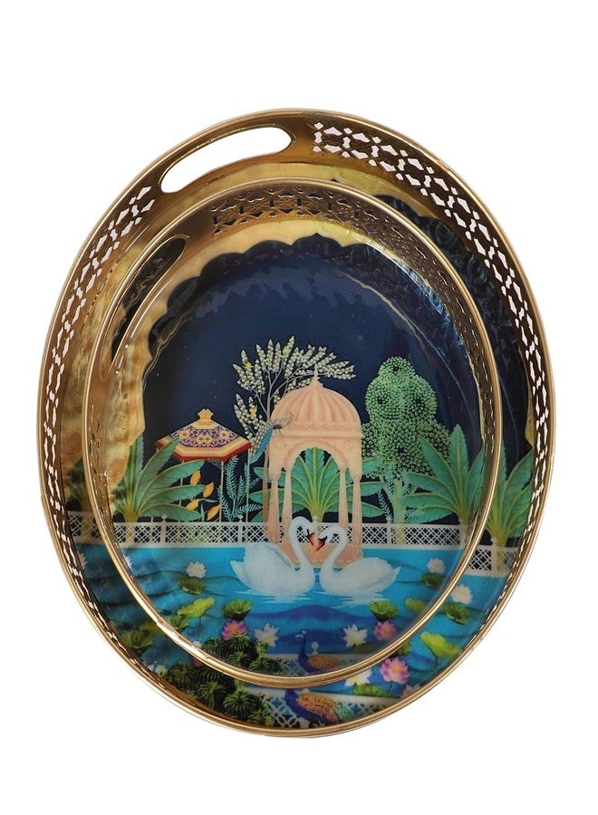 Two Moustaches Luxurious Kissing Swan Pair Design Serving Trays Set (8 Inches & 10 Inches), Serving Plates for Home, Platters for Tea/Fruits/Snacks, Pichwai Tray for Diwali, Multicolored, Pack of 2 - Image 4