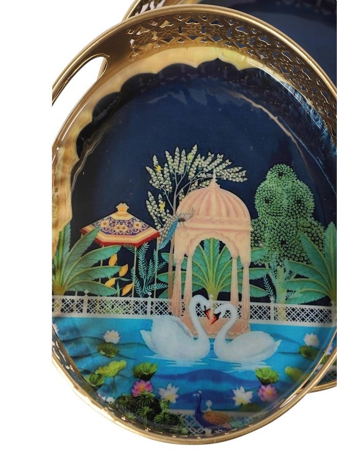 Two Moustaches Luxurious Kissing Swan Pair Design Serving Trays Set (8 Inches & 10 Inches), Serving Plates for Home, Platters for Tea/Fruits/Snacks, Pichwai Tray for Diwali, Multicolored, Pack of 2 - Image 5