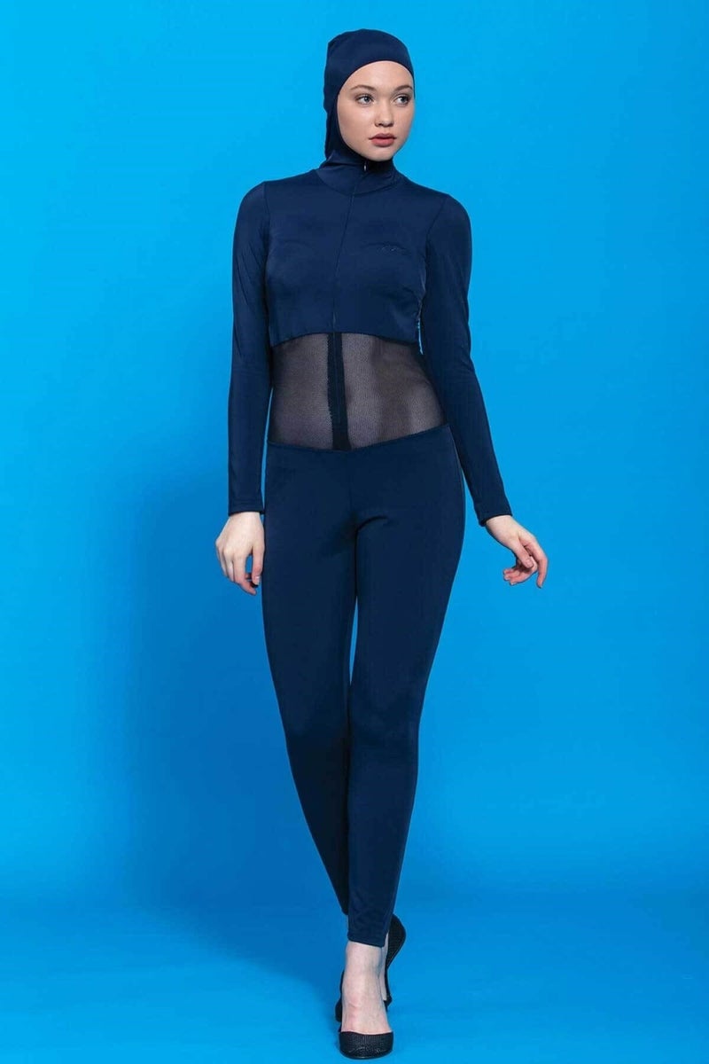 Haşema Women's Mesh Navy Blue Long Sleeve Swim Jumpsuit H-2255JUMPSUIT - Image 1