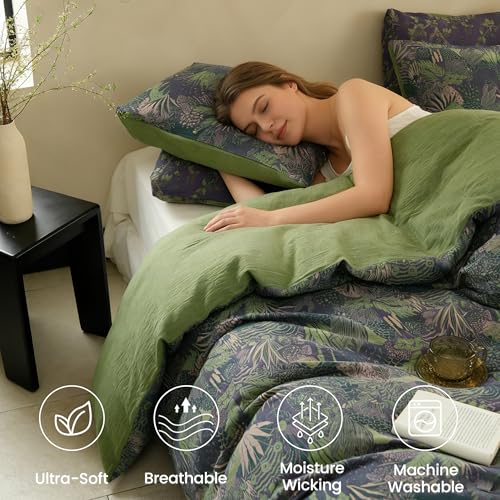 BISELINA 100% Cotton Muslin Duvet Cover Set King, 3 Pcs Yarn-Dyed Jacquard Textured Reversible Botanical Floral, Soft and Breathable Bedding Set with Zipper Closure, Purple Green - Image 3