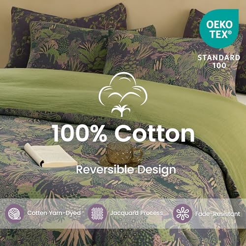 BISELINA 100% Cotton Muslin Duvet Cover Set King, 3 Pcs Yarn-Dyed Jacquard Textured Reversible Botanical Floral, Soft and Breathable Bedding Set with Zipper Closure, Purple Green - Image 2