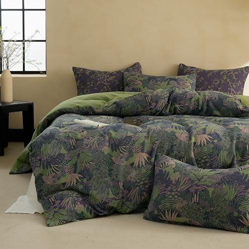 BISELINA 100% Cotton Muslin Duvet Cover Set King, 3 Pcs Yarn-Dyed Jacquard Textured Reversible Botanical Floral, Soft and Breathable Bedding Set with Zipper Closure, Purple Green - Image 1