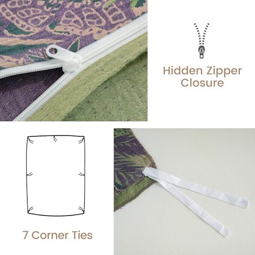 BISELINA 100% Cotton Muslin Duvet Cover Set King, 3 Pcs Yarn-Dyed Jacquard Textured Reversible Botanical Floral, Soft and Breathable Bedding Set with Zipper Closure, Purple Green - Image 4