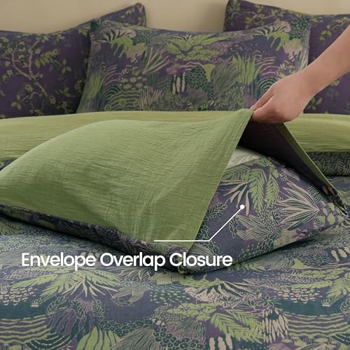 BISELINA 100% Cotton Muslin Duvet Cover Set King, 3 Pcs Yarn-Dyed Jacquard Textured Reversible Botanical Floral, Soft and Breathable Bedding Set with Zipper Closure, Purple Green - Image 5