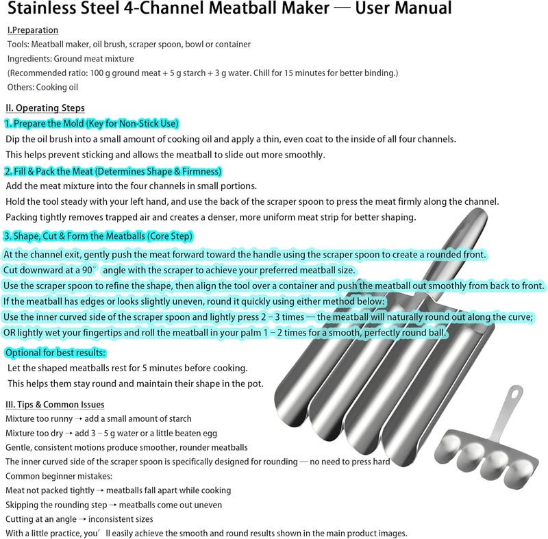 VEMJO Meatball Maker Tool, 304 Stainless Steel Kitchen Manual Non Stick Meatball Maker, Portable Meatball Spoon Ball Maker Kitchen Restaurant Must Have Meatball Making Set，Home Cooking Tools (4-channel) - Image 2