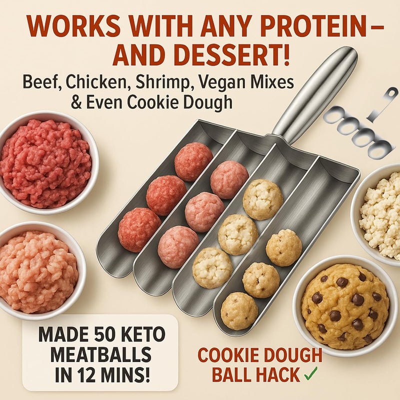 VEMJO Meatball Maker Tool, 304 Stainless Steel Kitchen Manual Non Stick Meatball Maker, Portable Meatball Spoon Ball Maker Kitchen Restaurant Must Have Meatball Making Set，Home Cooking Tools (4-channel) - Image 4